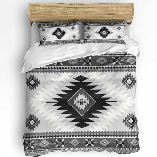 Duvet Cover Set Full, Aztec Gray Geometric Pattern 3 Piece Bedding Set