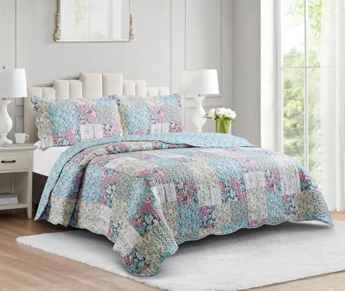 Brilliant Sunshine Lilac Rose Toile Lively Patchwork Quilt Set, King
