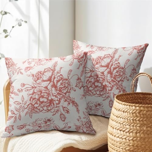Red Cream Flowers Pillow Covers 18x18 Inch 2 Packs Chinoiserie Red and