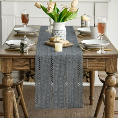Artoid Mode Dark Grey Woven Farmhouse Hollow Table Runner 12x120 Inch