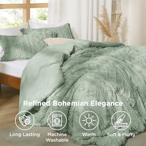 Bedsure Boho Comforter Set California King, Bedroom Bedding Set Sage