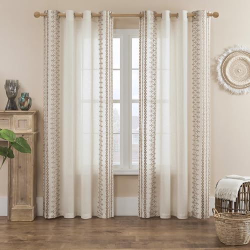 Boho Curtains 63 Inch Length 2 Panels set Linen Sheer Curtains for