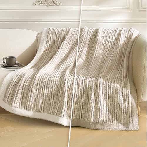 Amélie Home Striped Knit Chenille Throw Blanket, Beige 50×60