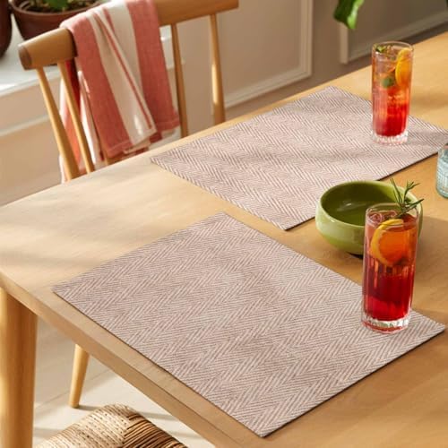 Beige Herringbone Placemats Set of 8 Modern Minimalist Woven Textured