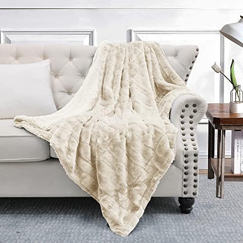 Stripe Faux Fur Throw Blanket with Sherpa Back, 50"x60", Beige
