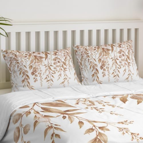 Duvet Cover King Size, Brown Eucalyptus Leaves 3-Piece Bedding