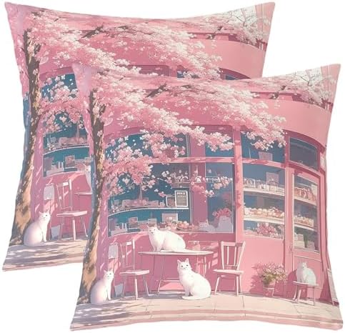 jejeloiu Pink Cherry Blossoms Throw Pillow Covers Set of