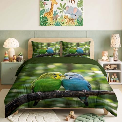 King Duvet Cover Set Soft Microfiber Animals Budgerigar