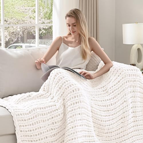 Esterra 100% Hand Knitted Chenille Throw Blanket, 50"x60", White