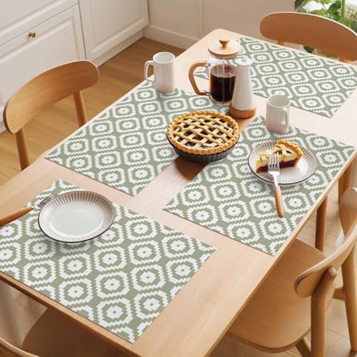 Placemats Set of 8, Sage Green White Geometric Woven Placemat, Linen