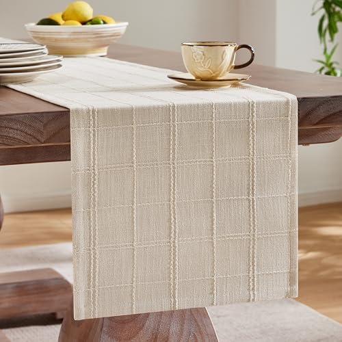 ZeeMart Linen Checked Farmhouse Table Runner, 13x90 Inches Neutral