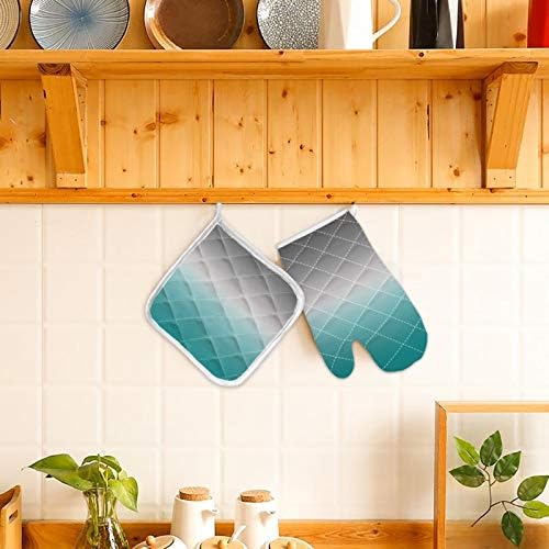 Quilted Cotton Terry Cloth Oven Mitt, Pot Holder Ombre Turquoise Grey