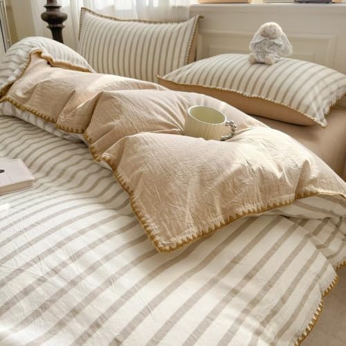 Light Khaki White Striped Duvet Cover Twin XL Farmhouse Cotton Bedding
