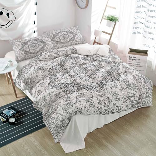 Duvet Cover Set Full, Gray Ethnic Flower Texture 3 Piece Bedding Set