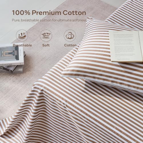 JELLYMONI 100% Cotton Sheet Set, Tan Striped, Full