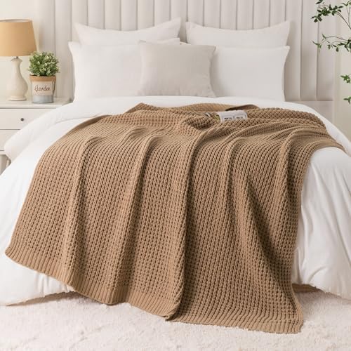 Beige Throw Blanket for Couch, Tan Waffle Knitted Throw Blankets