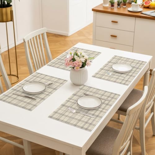 Beige Grid Gingham Placemats Set of 8, Abstract Modern Minimalist Gray