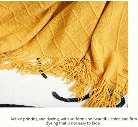 Knitted Beige Throw Blanket,Boho Cozy Sofa Blanket with Tassel