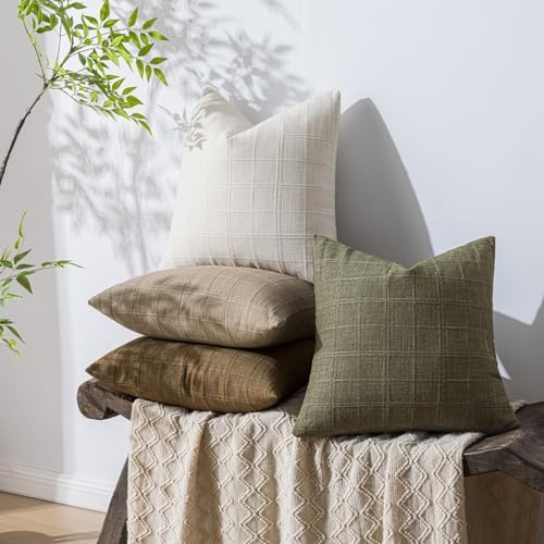 Decorative Linen Check Throw Pillow Covers Set of 2, 20"x20" Olive