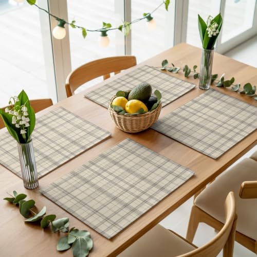 Beige Grid Gingham Placemats Set of 8, Abstract Modern Minimalist Gray
