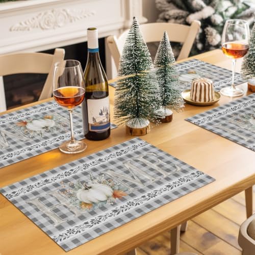 Grey Checked Placemats Set of 8, Cotton Linen Fabric Place Mats