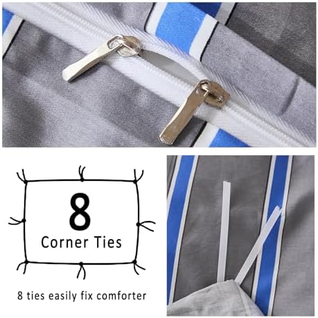 Merryword Blue and Gray Striped Duvet Cover Set King Size, 100% Cotton