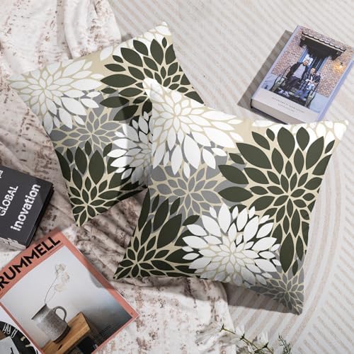 Olive Green White Grey Gray Pillow Covers 20X20 Inch Set of 2, Spring