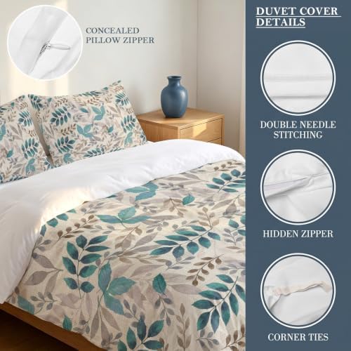 Teal Leaves Fall Duvet Cover Set 3 Pieces with Zipper Closure
