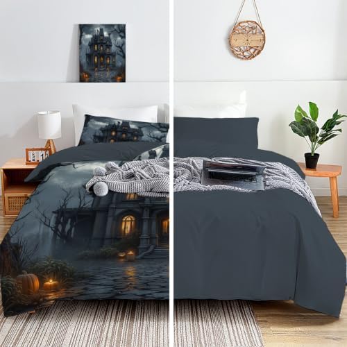Charcoal Gray Night Sky Haunted House Duvet Cover Set For Women Girls