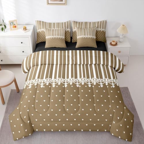 Erosebridal Taupe Heart Striped Queen Comforter Set with Sheets 7 Pcs