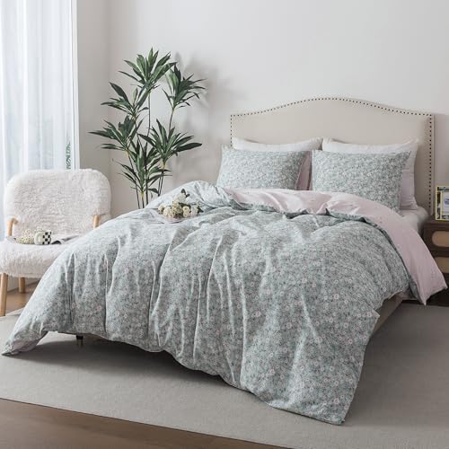 HoneiLife Cotton Floral Duvet Cover Sets, Light Green with Zipper