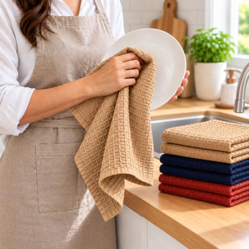 Waffle Weave Dish Cloths Set of 12, Beige Navy Rust, Cotton Blend