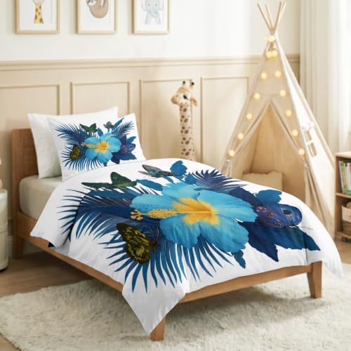 Queen Duvet Cover Set Jungle Animals and Floral Hibiscus Bedding Set