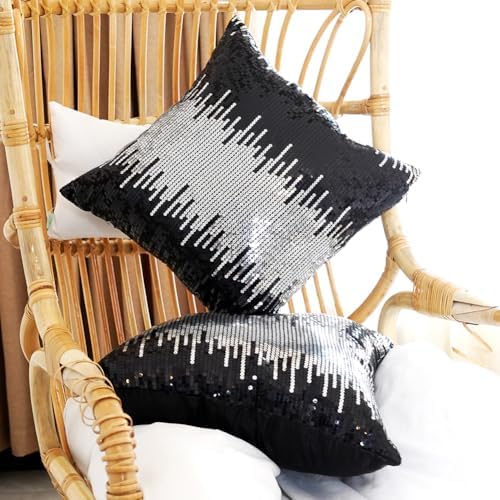 Eternal Beauty 2 Pcs Black & Silver Sequin Throw Pillow Covers 18x18