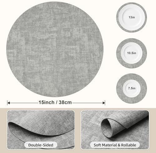 Placemats Set of 6, 15 Inch Round Faux Leather Place Mats