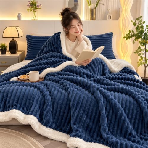 Ribbed Plush Fleece Blanket Double Layer Warm Throw Blanket for Bed