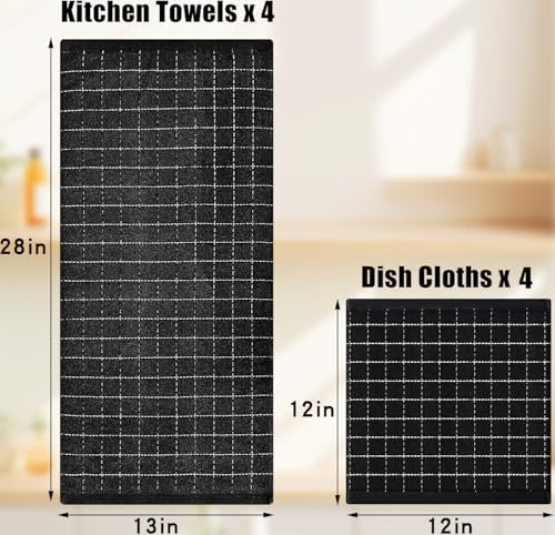 Homaxy Cotton Terry Kitchen Towels and Dishcloths Set of 12, Black