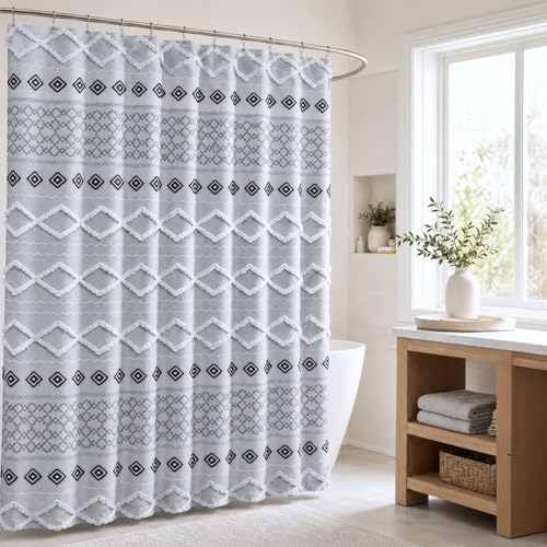 Accnicc Boho Fabric Shower Curtain with Metal Hooks, 3D Tufted Striped