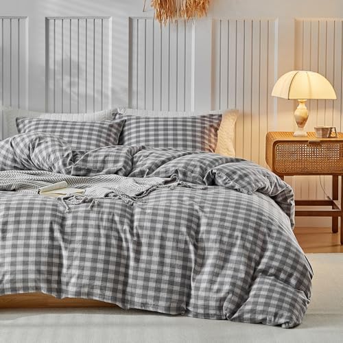 DuShow Washed Cotton Gingham Duvet Cover Queen Gray Plaid Checkered