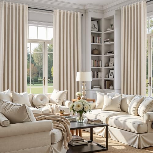 Beige 100% Blackout Linen Curtains 108 Inches Long for Bedroom Back