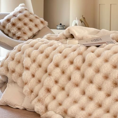 Ultra-Soft Fuzzy Faux Fur Throw Blanket,Camel & Ivory,60x80 in