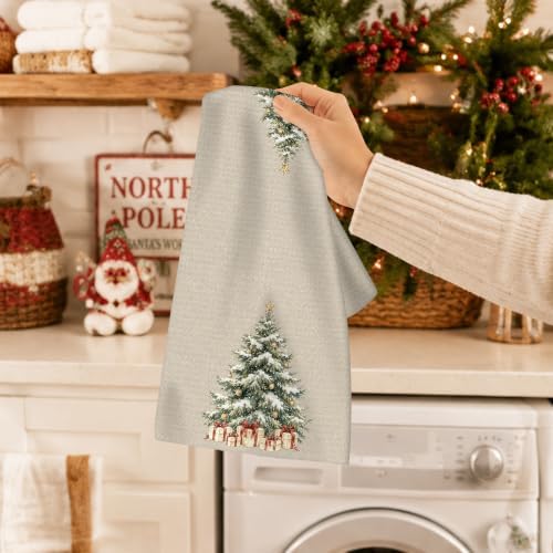 Christmas Tree Wreath Kitchen Towels, Rustic Vintage Neutral Winter