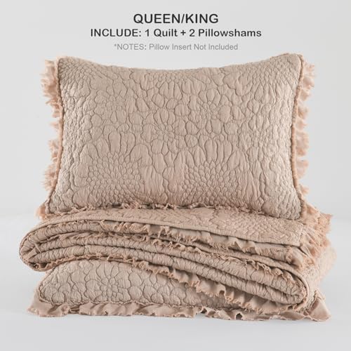 HORIMOTE HOME Pinkish Grey Ruffled Quilt Queen Size, Stone-Washed