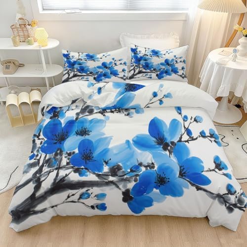 Light Gray Duvet Cover Set King Size, Plant Minimalist Branch Blue