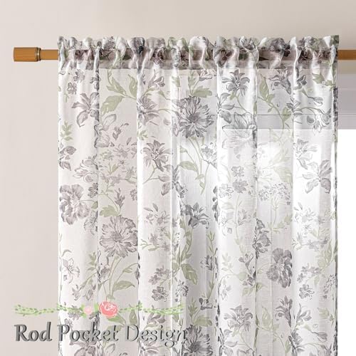 Gray Floral Sheer Curtains 63 Inch Length 2 Panels for Bedroom Rustic