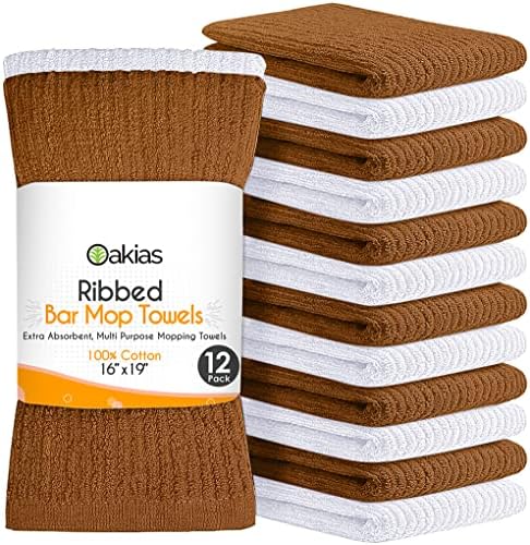 Oakias 100% Cotton Ribbed Terry Bar Mop Towels – 12 Pack – White &