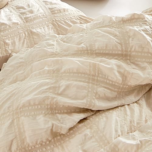 WARMDERN Seersucker Duvet Cover Set Beige King Size