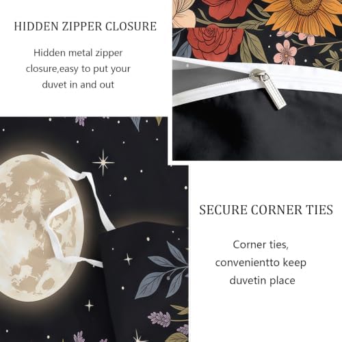 King Duvet Cover Set Soft Microfiber Starry Sky Flowers