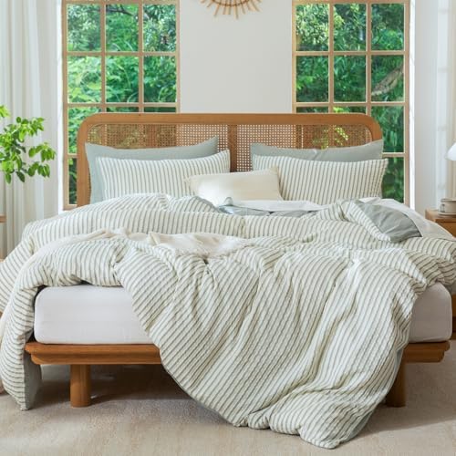 Duvet Cover Set King Striped Sage Green, 100% Washed Microfiber