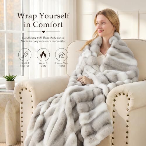 VFROO Faux Rabbit Fur Throw Blanket, Plush Fuzzy Blanket, 60" × 80"